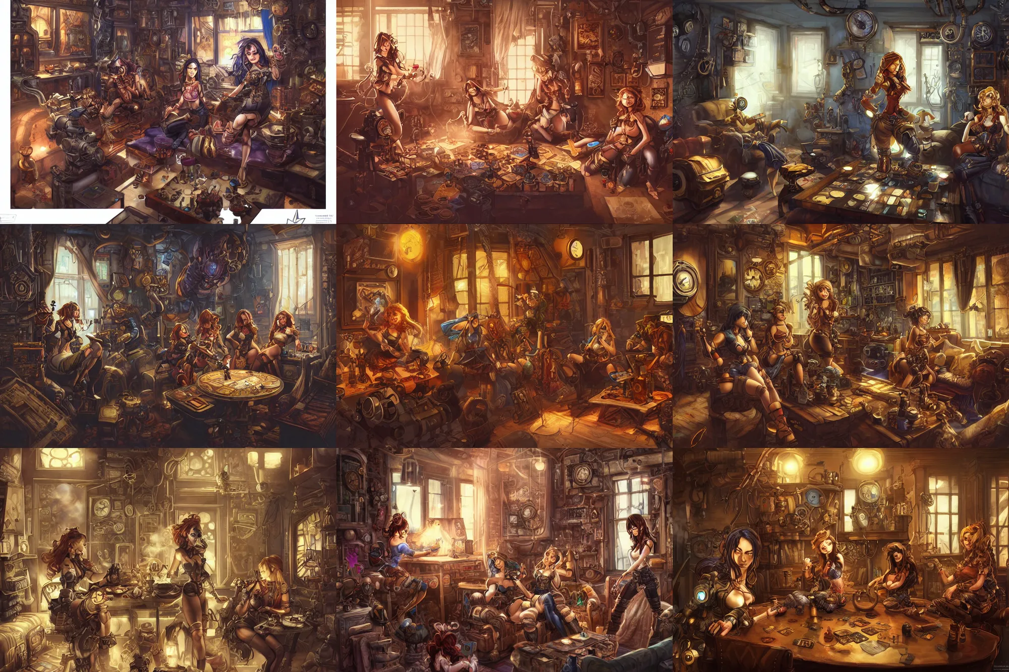 Prompt: women in the interior of a steampunk apartment, Joe Madureira style, night time, smoking cigarettes, playing board games, highly detailed, level design, concept art, artstation, cgsociety, zenith view