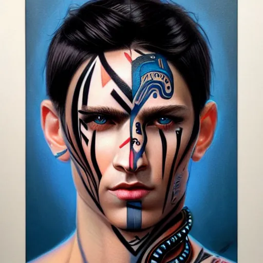 Prompt: ultra realistic portrait painting of a perfect handsome man blue eyes black hair, neck tribal snake tattoo, painted by Tristan Eaton Stanley Artgerm and Tom Bagshaw