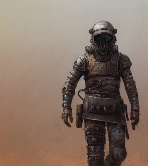 Image similar to a detailed painting of an armoured post apocalyptic man in a helmet walking around a sandy foggy wasteland. hd. 1 9 5 0 s painting style.