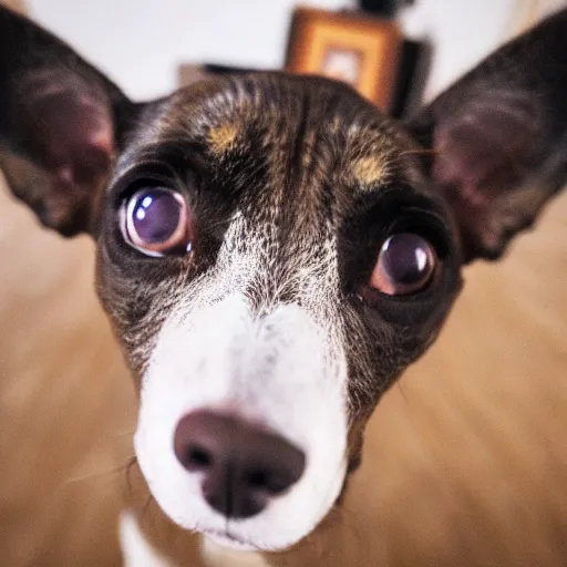 Image similar to fisheye photo of a dog poking its nose at the camera