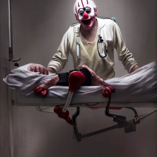 Image similar to elderly clown restrained to hospital bed with wrist restraints attached to hospital bed, greg rutkowski, photograph, 8 k