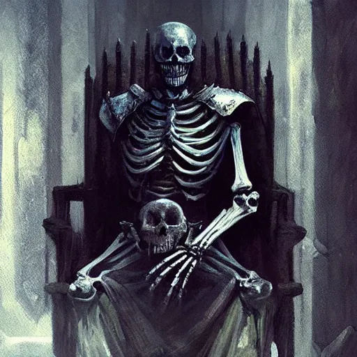 Prompt: Skeleton King, undead knight, resting on his throne, oil painting, by Greg Rutkowski