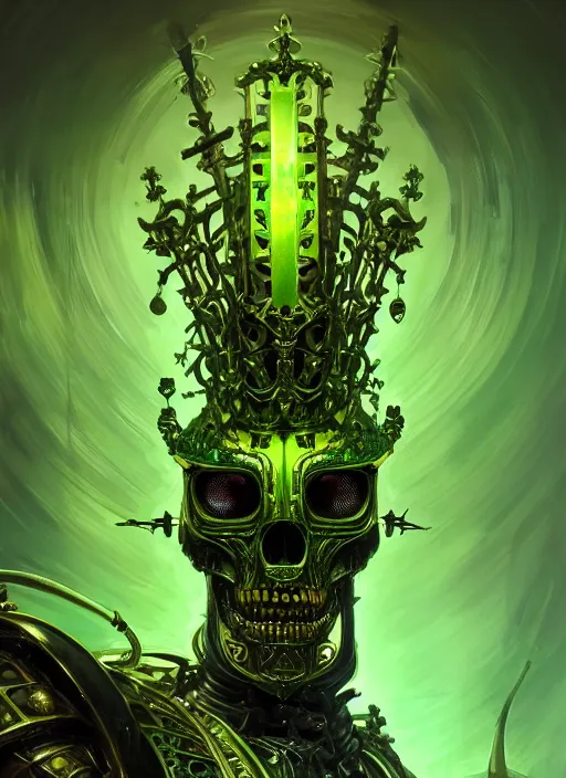 Prompt: closeup portrait shot of the king of the cyber skeletons with a crown of swords, glowing green, intricate, elegant, highly detailed, centered, digital painting, artstation, concept art, smooth, sharp focus, warframe, illustration, anders zorn, tomasz alen kopera, peter mohrbacher, donato giancola, leyendecker, boris vallejo