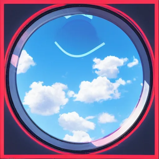 Prompt: a photograph of a blue sky with puffy white clouds and a dayglo pink dot in the center, Award Winning, album artwork