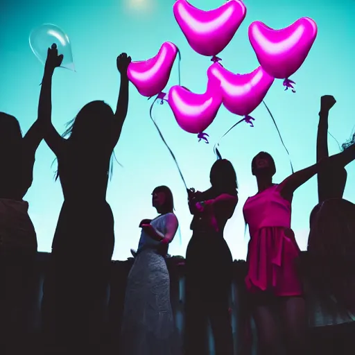 Image similar to silhouette of young women at a party with balloons and lots of hearts floating in the air