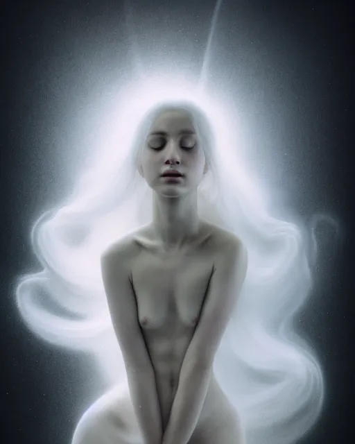 Image similar to soft, delicate, dreamy, subsurface scattering, white, young beautiful goddess in cosmos with very long white hair floating in air, fluid smoke art, black and white, octane render, dino valls, mark ryden, joe fenton, michal karcz, highly detailed, rim light, art, cinematic lighting, very coherent, hyper realism, 8 k