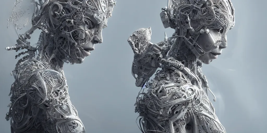 Prompt: hyperrealistic photography of a stunningly beautiful cyborg, intimate, holding close, in the style of beth cavener, jin kagetsu,, and wlop, highly detailed, intricate filigree,, masterpiece, award winning, sharp focus, concept art, ringflash lighting, ambient lighting, octane render, 8 k, artstation