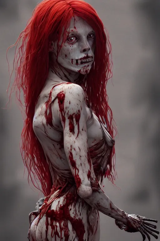 Image similar to woman skeleton covered with blood, long red hair, ultra realistic, concept art, intricate details, highly detailed, photorealistic, octane render, 8 k, unreal engine. retro film still, heavy grain, 3 5 mm, art by artgerm and greg rutkowski and alphonse mucha