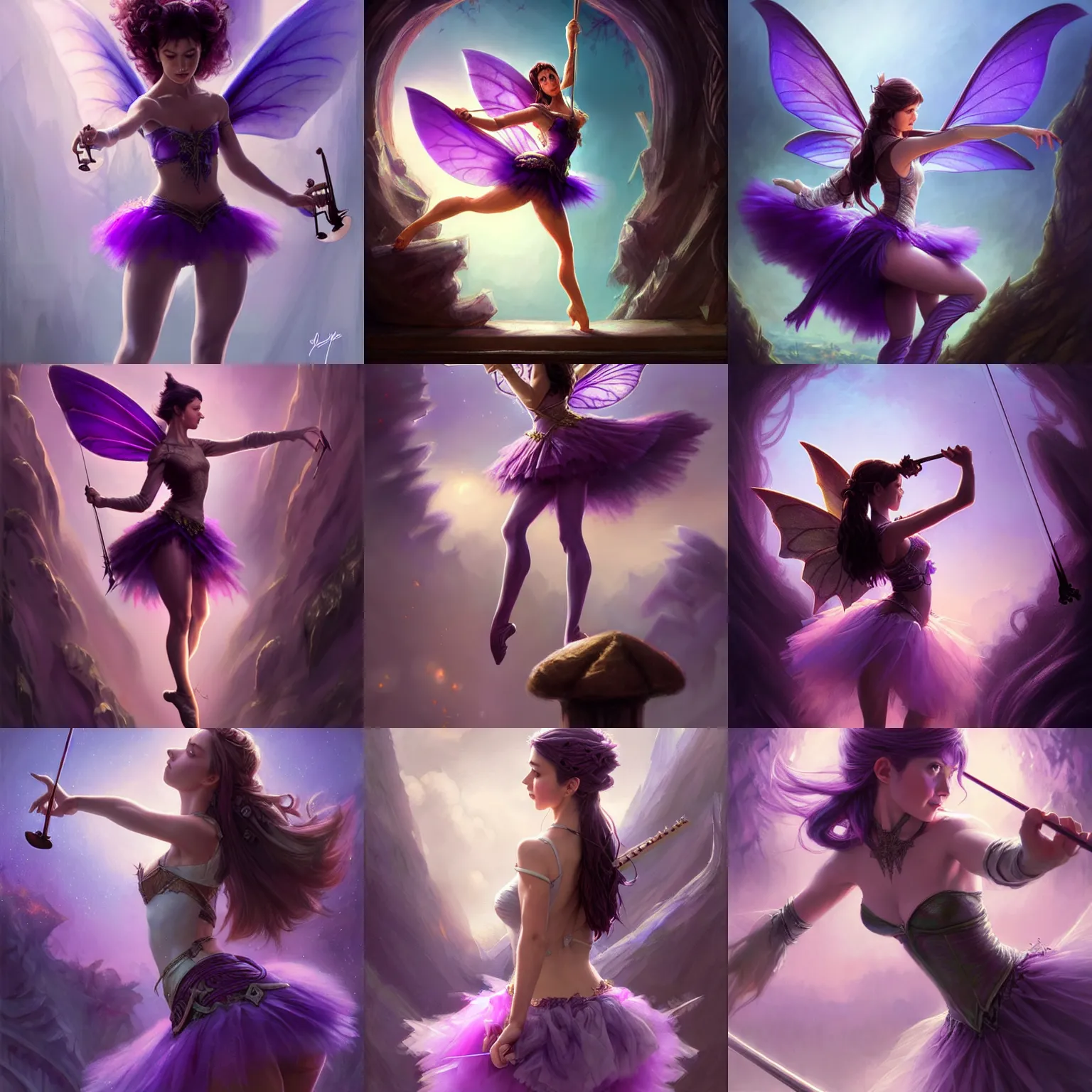 Prompt: fantasy, standing on top of a violin, d & d, wearing purple romantic tutu, art by artgerm and greg rutkowski and magali villeneuve, illustration, brunette fairy woman stretching, highly detailed, trending on artstation, sharp focus, concept art, digital painting, intricate details, lord of the rings artifacts