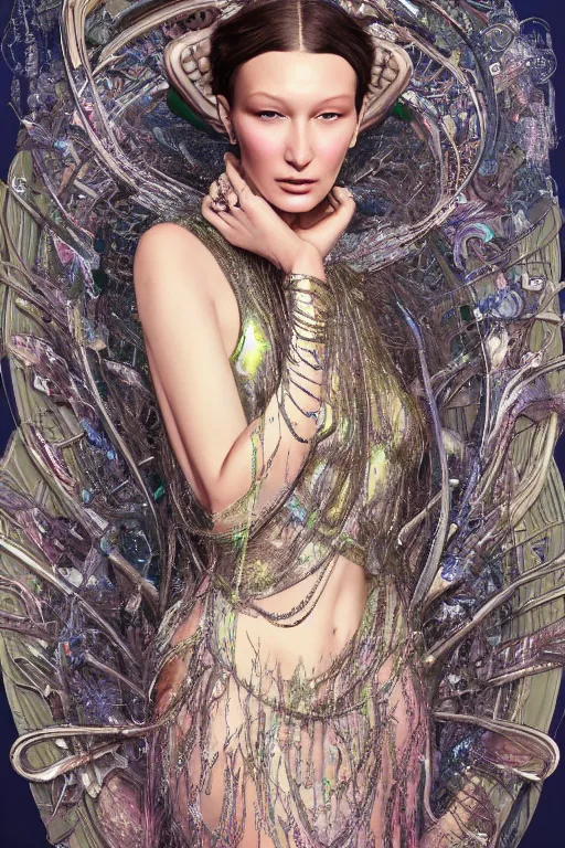 Image similar to a highly detailed painting of a beautiful alien goddess bella hadid in iris van herpen dress schiaparelli in diamonds in style of alphonse mucha art nuvo trending on artstation octane render