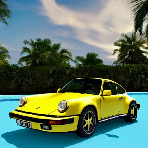 Image similar to a yellow 1 9 8 5 porsche 9 1 1 turbo in a palm beach swimming pool, 3 d render, unreal engine, 4 k