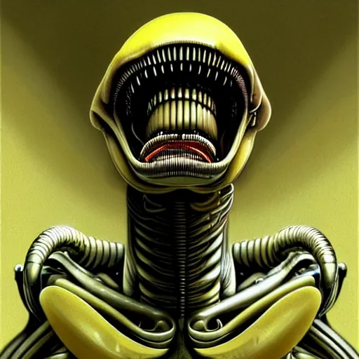 Image similar to detailed realistic xenomorph in an endless empty office building, pale yellow walls, moist brown carpet, defective fluorescent lighting, artstation, ultra detailed, creepy, photorealistic, nostalgia, art by h. r. giger