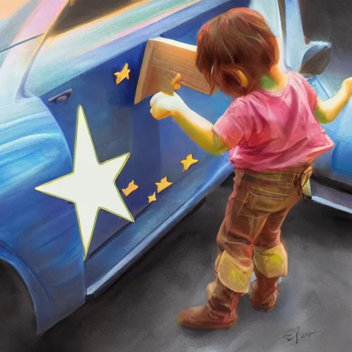 Image similar to close up of child's hand attaching a star - shaped sticker to a truck, digital art by ruan jia and mandy jurgens and artgerm, highly detailed, trending on artstation, award winning