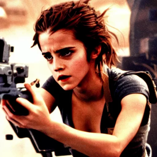 Prompt: film still of Emma Watson as Ripley in chest buster scene in Alien 1979, 4k