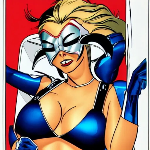 Image similar to sydney savage danger girl pin - up, mask covering mouth, medium shot, bruce timm, j. scott campbell, andy hartnell, inked, tight fit, curvaceous, slim, pinned against a wall