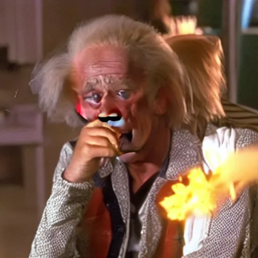 Prompt: deleted footage from back to the future part II, Doc Brown smoking a bong