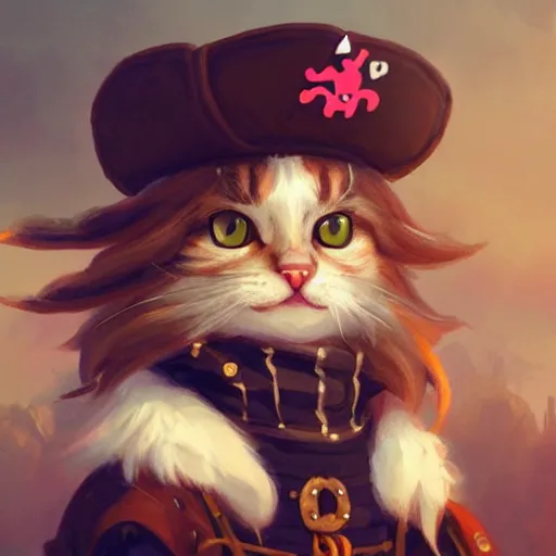 Image similar to Portrait of a Kawaii Cat dressed as a Pirate, digital painting, highly detailed, artstation, concept art, smooth, sharp focus, illustration, art by artgerm and greg rutkowski.