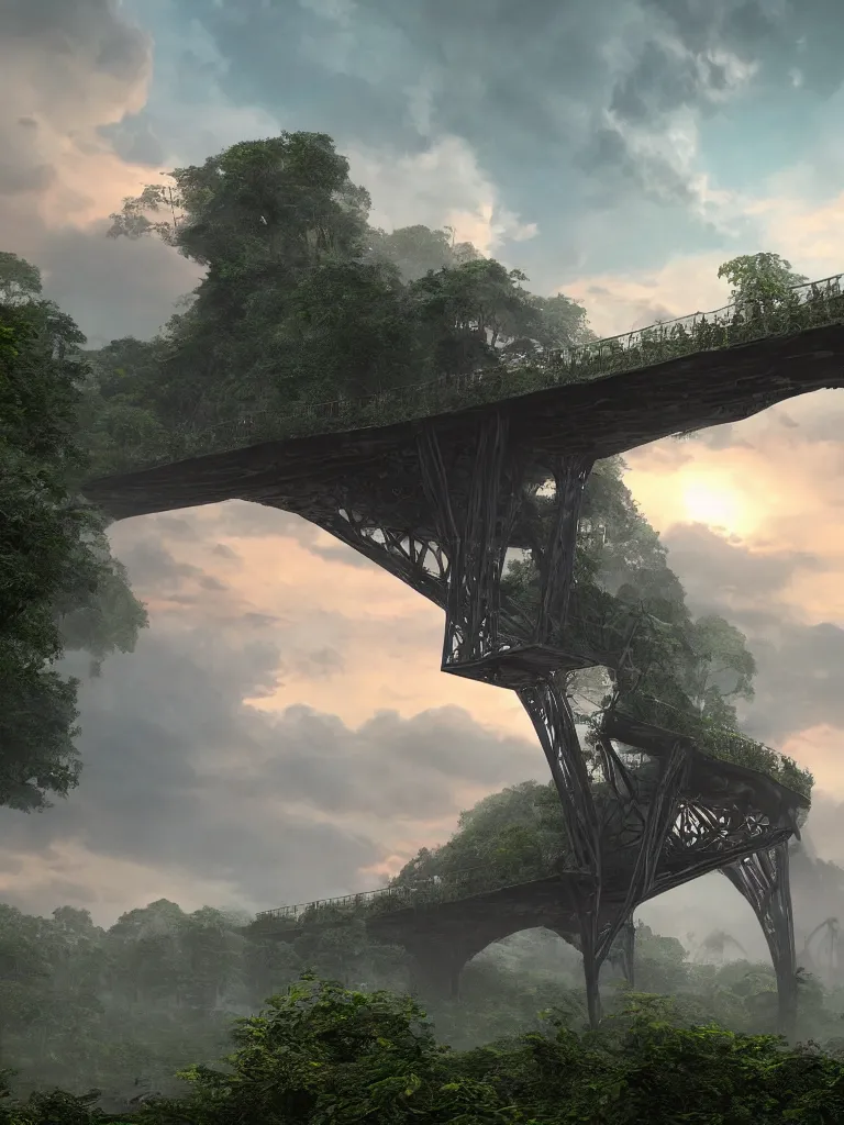 Image similar to a high magnificent broken bridge, surrounded by lush green vegetation, stunning volumetric lighting, sunset, solid concrete, stunning skies, trending on Artstation, 8k, photorealistic, hyper detailed, unreal engine 5, IMAX quality, cinematic, epic lighting, in the style of DOOM and Quake and Le Corbusier and Greg Rutkowski