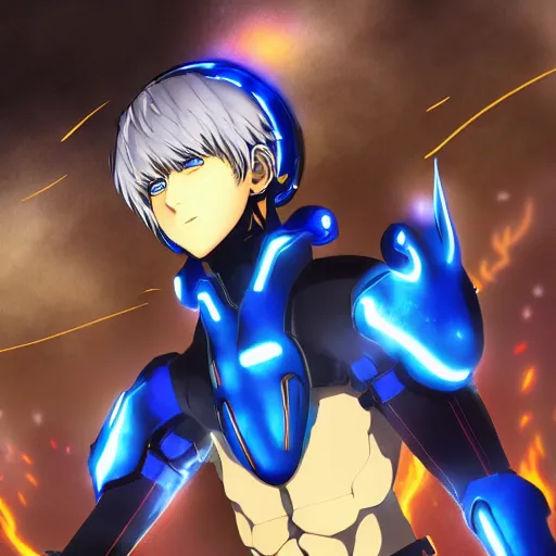 Image similar to portrait of the genos blue flame arms mode, anime fantasy illustration by tomoyuki yamasaki, kyoto studio, madhouse, ufotable, comixwave films, trending on artstation