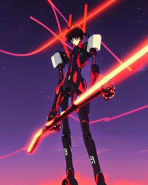 Image similar to anime illustration of black evangelion eva robot standing on an empty highway holding a steampunk guitar at night, cinematic lighting, evangelion anime poster, rebuild of evangelion 1 0 8 0 p, 9 0 s anime aesthetic, volumetric lights, rule of thirds, unreal engine render, pinterest wallpaper, trending on artstation