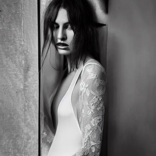 Image similar to sheer dress with plunging neckline and lace sleeves. award-winning fashion photography. intimate and vulnerable lighting. 130mm bw photography.