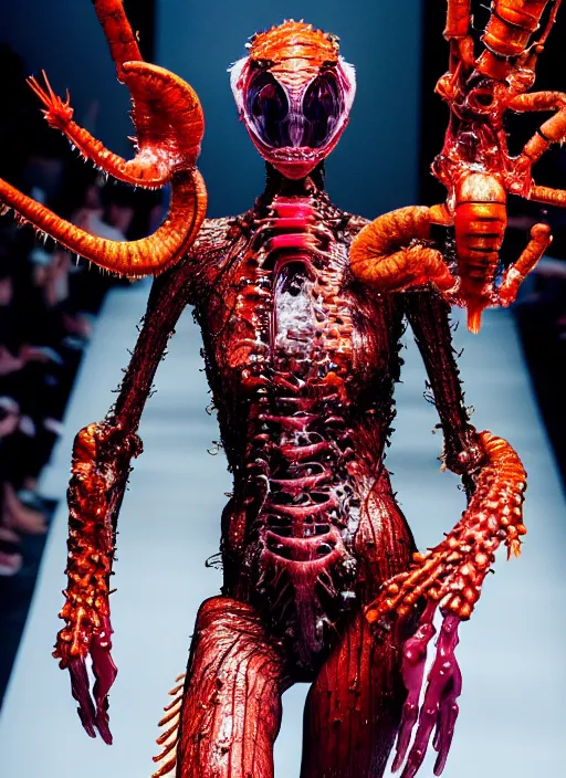 Image similar to walking down the catwalk, ben watts, show, stage, vogue photo, podium, fashion show photo, iris van herpen, beautiful woman, full body shot, helmet on face, masterpiece, plant predator, guyver, jellyfish, biomechanical details, movie still, fauvism, cinestill, bokeh, gelios lens