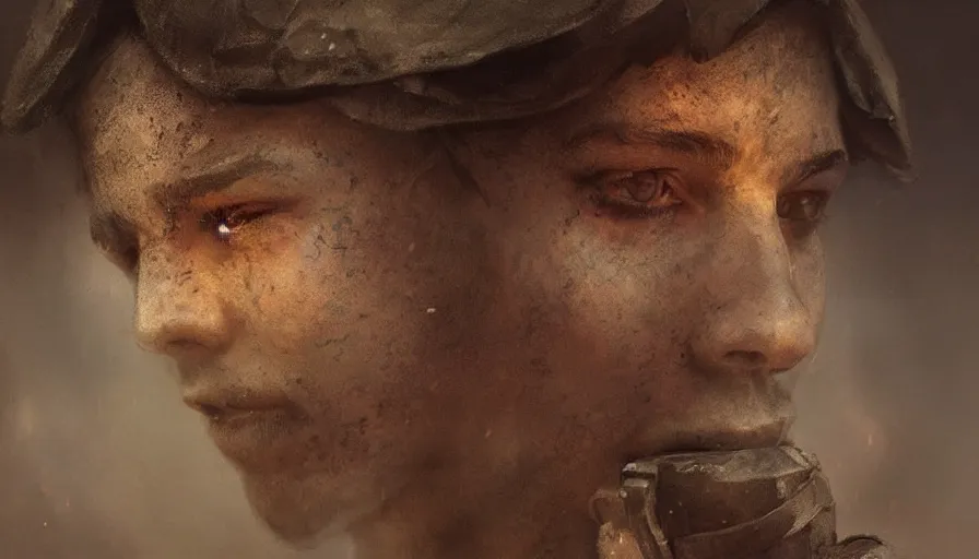 Prompt: beautiful digital painting of a love survivor, one soldier after his squad killed in action in a trench waiting for the war to end. cinematic lighting and rendering, atmospheric, concept art, high detailed faces, artstation by artgerm and greg rutkowski,,