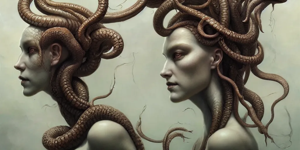 Prompt: ultra realistic, beautiful female gorgon moving through latent spaces in her head, in the style of peter mohrbacher by weta digital and beth cavener, high symmetry, intricate, elegant, evocative, masterpiece, award winning, high face symmetry, high realism