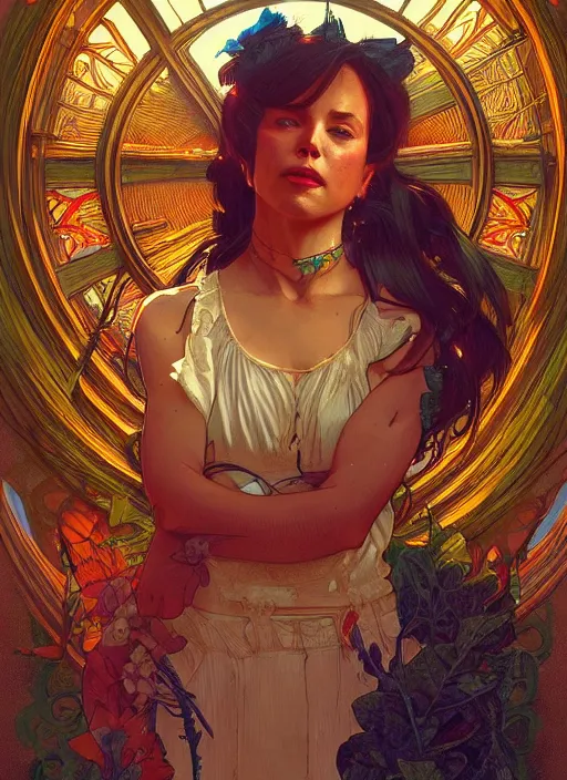 Image similar to la honda. ken kesey and the merry prankster. electric koolaid acid test. intricate, elegant, highly detailed, digital painting, artstation, concept art, wallpaper, smooth, sharp focus, illustration, art by artgerm and greg rutkowski and alphonse mucha