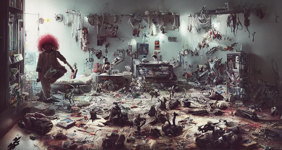 Prompt: IKEA catalogue photo, cyberpunk childrens bedroom, toys, mess, drawings, dust, organic, by Beksiński