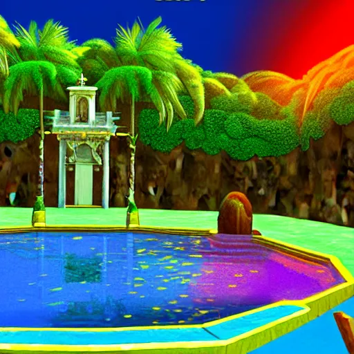 Prompt: Palace of the chalice, refracted sparkles, motion blur, ps1 videogame, thunderstorm, greek pool, beach and Tropical vegetation, 2005 game, moldy screenshot