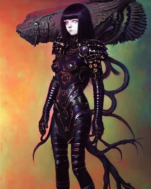 Image similar to portrait of beautiful cute goth girl in warhammer armor, art by kuvshinov ilya and wayne barlowe and gustav klimt and artgerm and wlop