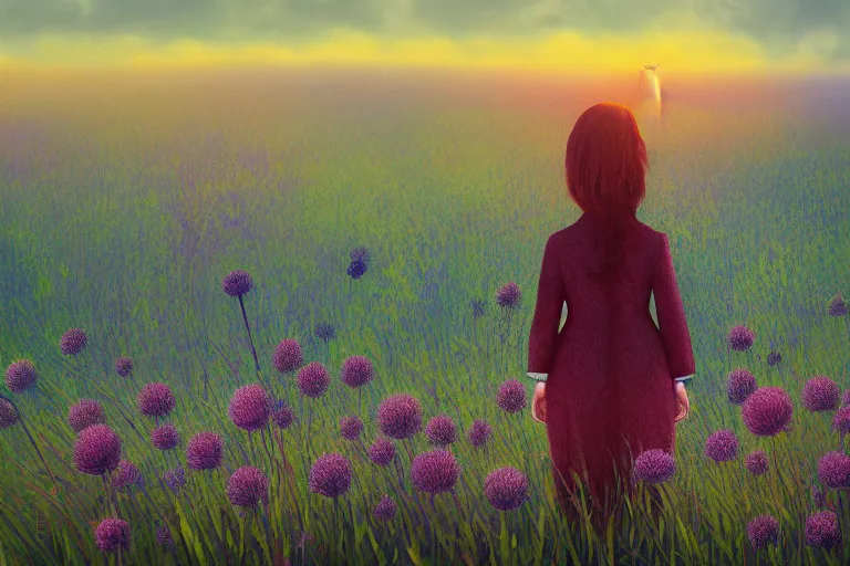 Prompt: vast thistle flower under head, a girl in a suit in field of flowers, surreal photography, sunrise, blue sky, dramatic light, impressionist painting, digital painting, artstation, simon stalenhag