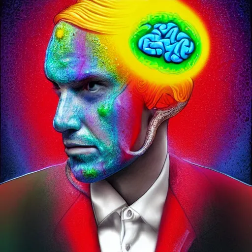 Prompt: man with a white suit and a brain for a head with rainbow brain juice dripping on his suit, hyper detailed, digital art, bizarre,