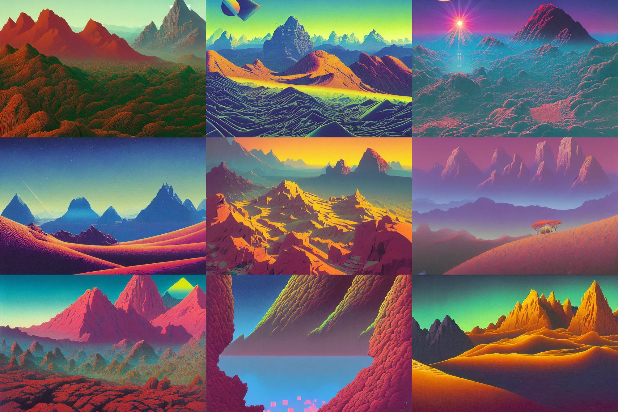 Prompt: beautiful painting of a beatiful scenic mountain range surrounded by holographic Myrtle squares, retro tech, vaporwave, by Jean Giraud and Zdzisław Beksiński and Chesley Bonestell