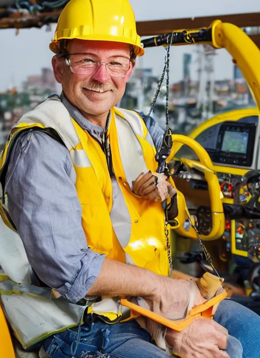 Image similar to closeup portrait of cheerful bryan operating a crane, sitting in a crane, yellow hardhat, sitting in a crane, natural light, bloom, detailed face, magazine, press, photo, steve mccurry, david lazar, canon, nikon, focus