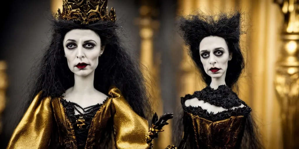 Image similar to photo taken of an epic intricate, ultra detailed, super realistic stop motion puppet of a majestic gracious regal aristocratic brunette female vampire and an indoor gothic filmset created by weta workshop and tim burton, menacing, wide angle, full body shots, photorealistic, sharp focus, gloomy, extremely cold blueish colour temperature, 3 5 mm, f 1. 4, golden ratio