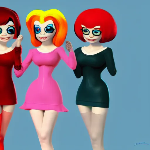 Image similar to christina hendricks as powerpuff girls characters, 3 d render, blender,