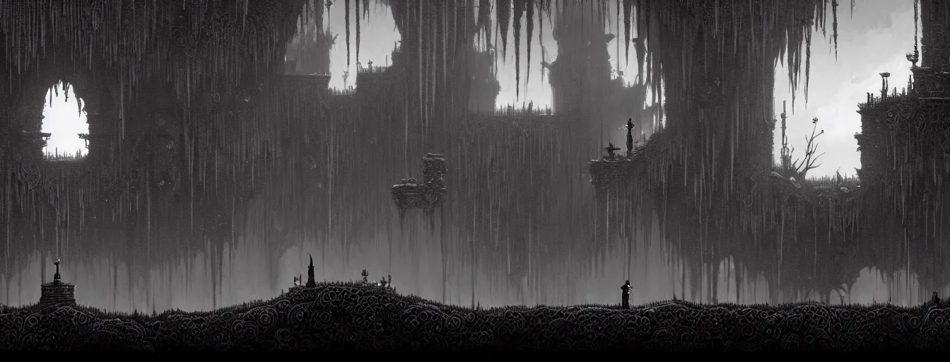 Prompt: gothic underground domain side - scrolling 2 d platformer level by nicolas delort, zdizslaw beksinski, victo ngai, josan gonzalez, kilian eng