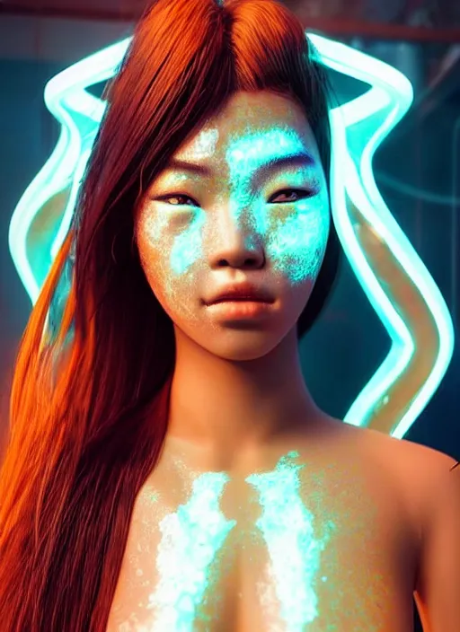 Image similar to an exotic asian female humanoid with freckles on face, cyber neon lighting, futurism, intricate, cyberpunk glossy white latex swimsuit, profile posing, hyper photorealistic, crispy quality, digital photography, trending in artstation, trending in pinterest, cinematic, 4 k ultra hd, art by pascal blanche, art by greg rutkowski,