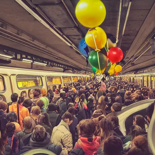 Prompt: a crowded subway with balloons, matte painting