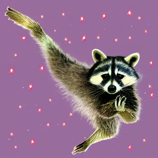 Prompt: raccoon flying through the cosmos