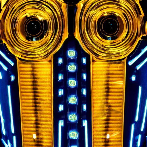 Image similar to portrait of c 3 p 0, blue and yellow glowing lights, highly detailed, 4 k