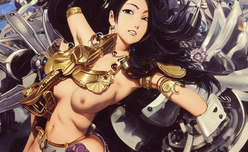 Image similar to mechanized valkyrie of nico robin from one piece, anime style, konami mecha, spread wings, hair down, symmetrical facial features, from arknights, hyper realistic, 4 k, rule of thirds, extreme detail, detailed drawing, trending artstation, hd, d & d, realistic lighting, by alphonse mucha, greg rutkowski