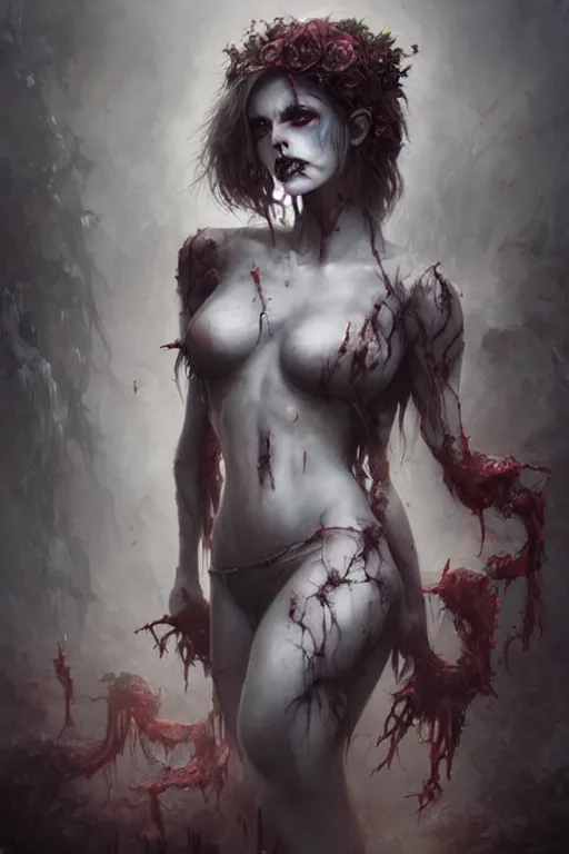 Image similar to a hauntingly beautiful zombie girl, painted by artgerm and tom bagshaw, fantasy art, dramatic lighting, highly detailed digital art
