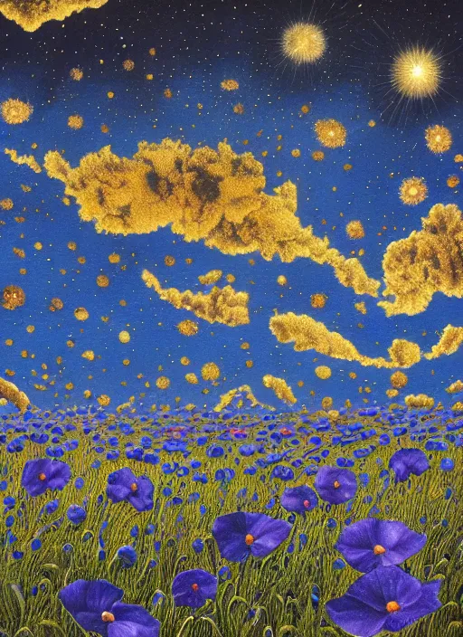 Image similar to detailed, intricate blue black and purple papaverum flower on the field, nebula, galaxy in the sky, winning award masterpiece, fantastically beautiful, illustration, aestheticly inspired, jacek yerka, upscale with anguissola sofonisba work, artstation, 8 k