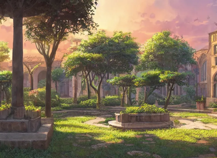 Prompt: environmental illustration of a cloister garden in a late renaissance city at sunset | | anime key visual, official media, illustrated by wlop, extremely detailed, 8 k, trending on pixiv, cinematic lighting, beautiful