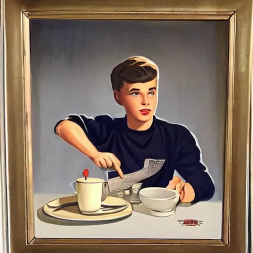 Image similar to 1 9 5 0 s rebel teen male at the local diner, art by wes hempel