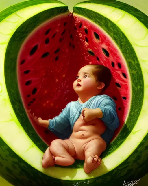 Image similar to an baby living inside a giant watermelon womb, watermelon amber, watermelon womb, highly detailed, digital painting, artstation, concept art, smooth, sharp focus, illustration, art by artgerm and greg rutkowski and alphonse mucha