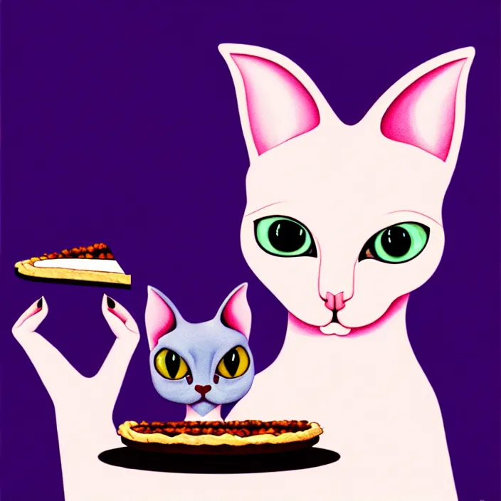 Image similar to an anthropomorphic sphynx cat fursona with big eyes eating a slice of blueberry pie, furry art, cute, minimalist, oil on canvas, soft lighting